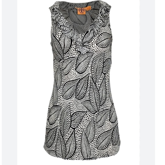 Tory Burch - White & Black Dotted Leaf Print Silk Top woman’s size 4 - Picture 1 of 10